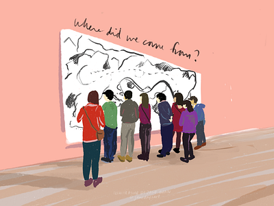 Where did we come from? character editoral illustration museum orange people pink