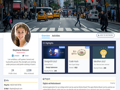 Profile Page Concept Design about activitites bio info miles network profile profile page profile views project resume student profile