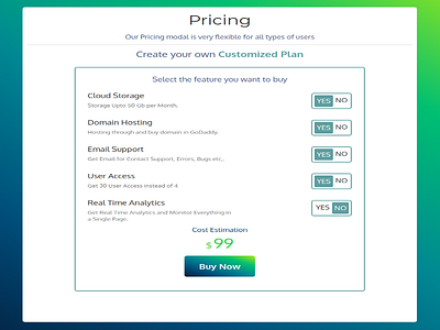 Pricing Page Concept buy now cost estimation customized plan. pricing select your service