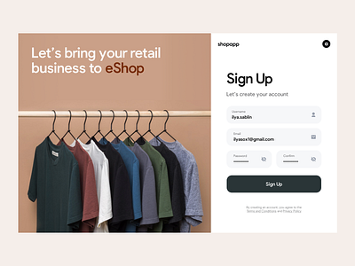Shopapp onboarding app design business clean dashboard create an account dashboard design email address eshop forget password get started log in log out minimal ui password register retail sign in sign up user web app web design