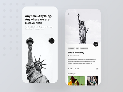 Photography app design exploration app design black and white bookmarks camera app download editing favorite image mobile mobile app design mobile ui onboarding ui photo app photography photos picture social media splash screen statue of liberty stock image