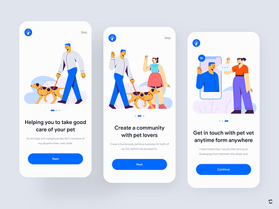 Online Pet mobile app design - Onboarding app onboarding branding cat continue dog get started guided tour illustration ios app mobile onboarding online pet service pet adoption pet care skip splash screen vet app walkthrough