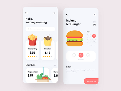 Food App exploration add to cart app design burger chicken combos delivery app food food app food delivery food shop illustration ios app minimal recipe app restaurant app sizes snacks typography ui ux