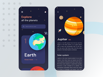 Know outside of the world app app design color concept earth explore galaxy illustration jupiter mars minimal moon planets rocket satellite search solar system space space app ux