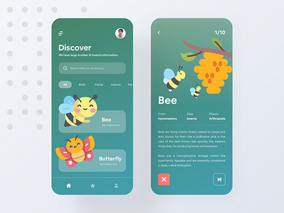 Wildlife app for children animal app app design bee bird children app class discover fish fly illustration ios app minimal mobile modern order product design profile wasp wildlife