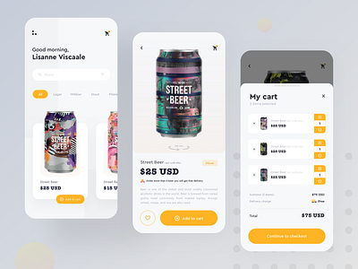 Online Beer shop 360 view add to bag add to cart app design beer checkout delivery app design discount ecommerce app favorite filters ios app design menu mobile modern app design online shop product design style guide