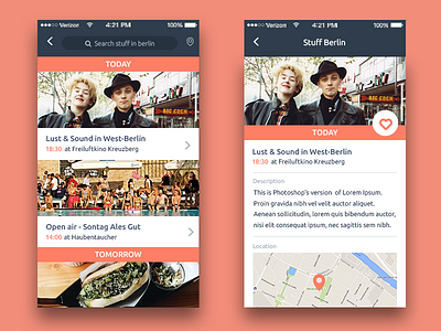 Events List & Event Screen app berlin events flat design interface ios list mobile orange sketch ui user