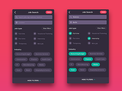 Job search filters - Job UFO App app design filters industry job job ufo location mobile ui search ui user experience user interface