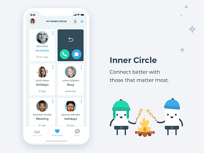 Favourite Contacts add contacts call camping clean contacts contacts list cute favorites fire flat design friends friends list grid illustration message mobile app mobile ui user experience user interface winter