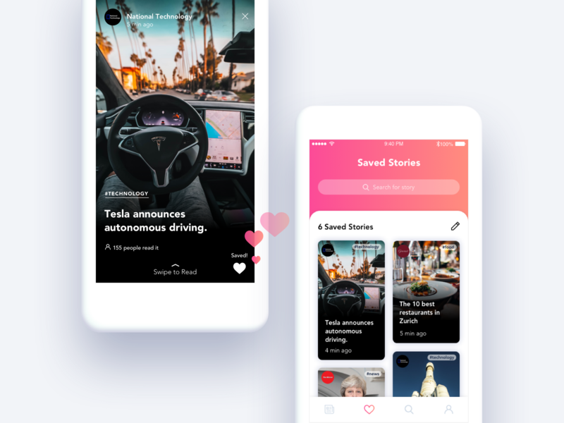 Save Story to Read Later app clean design editable favorites gradient ios minimal mobile modern news saved search stories ui ui ux user experience user interface