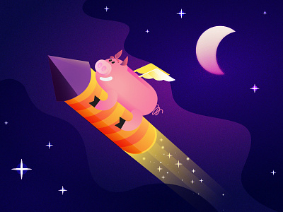 Chinese New Year 2019 chinese colorful flying illustration moon new year pig rocket sky stars