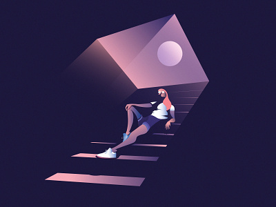 Moonchild girl gradient hipster moon moonlight pink shadows simple stairs vector woman young