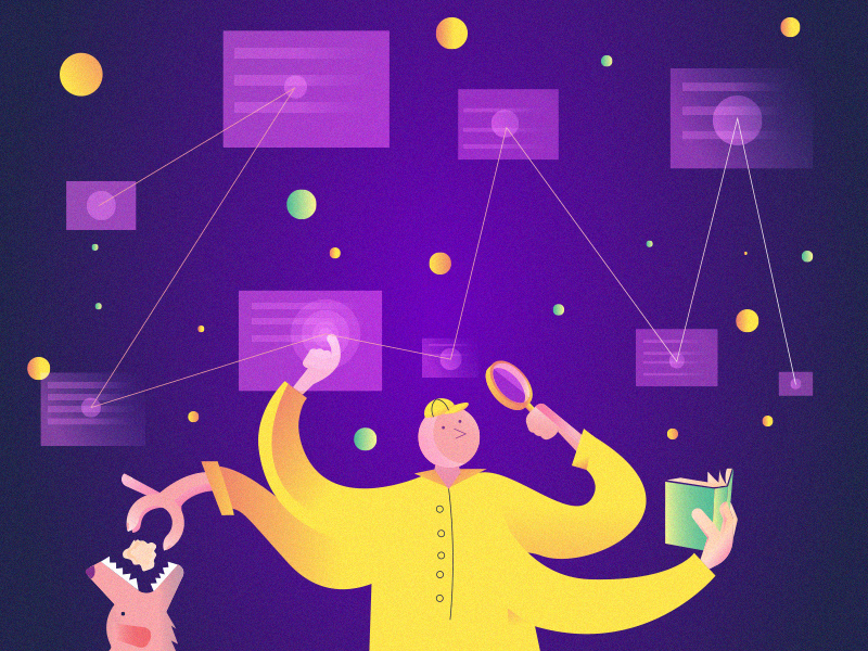 Multitask illustration search man ellipses. circles screens vector gradient book hourglass dog multitasking