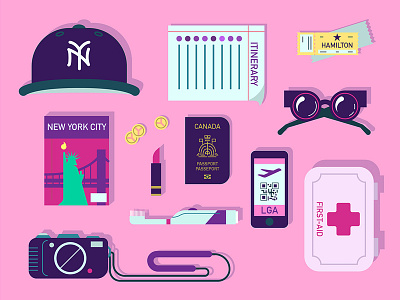 New York Travel Kit airplane bright cartoon flat lay flight happy illustration new york passport sunglasses travel vacation