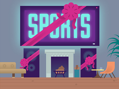 New TV Setup cartoon fireplace gift illustration living room present retro speakers sports tv vector vintage