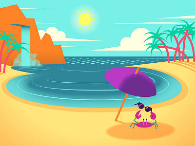 Crab in the Shade beach crab grotto illustration ocean palm trees sun sunny umbrella vector water fall waves