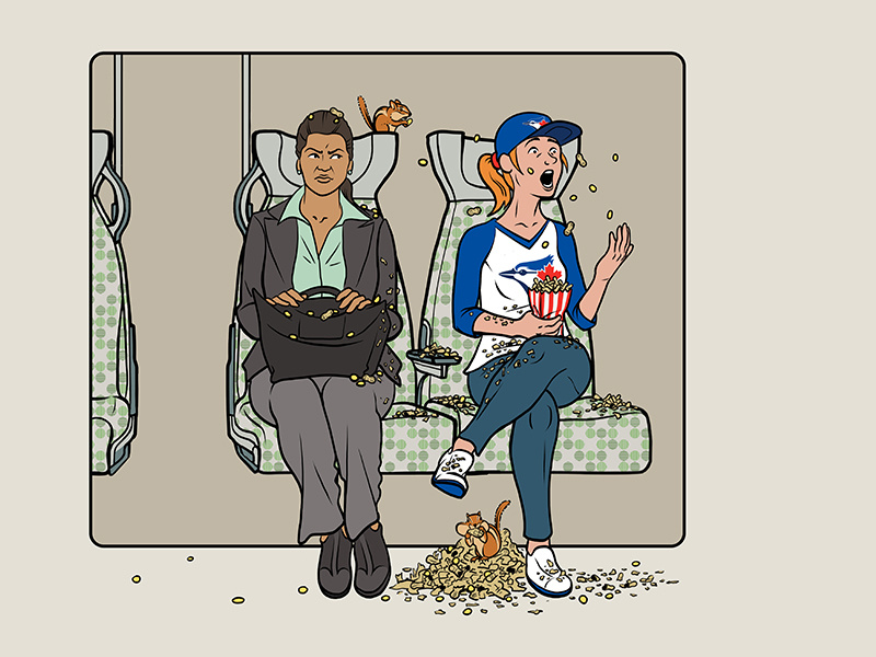 Train Etiquette Posters - The Peanut Pitcher chipmunk athlete olympics high jump etiquette rush hour transit baseball train commute blue jays airplane safety