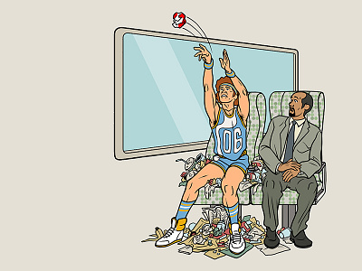 Train Etiquette Posters - The Garbage Tosser 3 pointer airplane safety athlete basketball commute etiquette free throw littering retro rush hour train transit