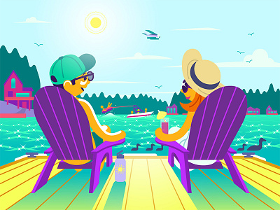 Cottage Relaxation boat cartoon cottage digital dockside drinks ducks illustration lake relax summer sunshine