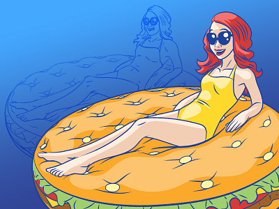 Dempster's Burger Floatie Promotion Illustration bathing suit bikini burger cottage girl hamburger pool red head summer sunglasses swimming young woman