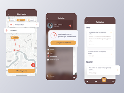 L’espresso – Coffee Mobile App activity application branding coffee coffee app coffeeshop design location map message mobile app navigation navigation menu notification product profile ui ux