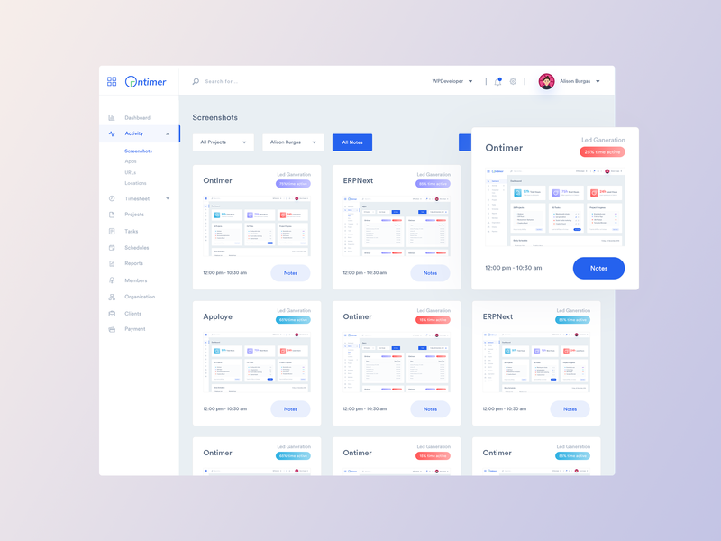 OnTimer: Time Tracking, Scheduling & Monitoring Web App admin template app app design dashboad dashboard design dashboard template landingpage monitoring dashboard product saas services software time tracking
