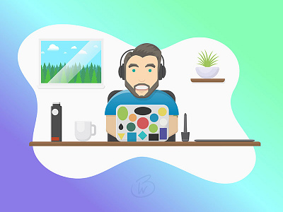 Brody's Work Space art computer desk flat icon illustration office stickers vector