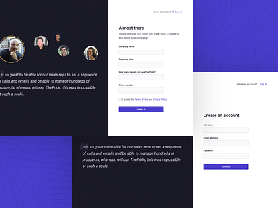 Login and register screens access account company profile create account login login form profile design profile page register form register page testimonials value proposition web app web application design
