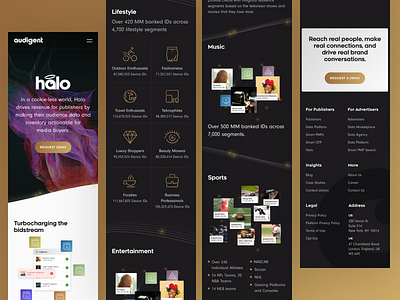 Audigent Website Design creative data management data visualization designer entertainment gold golden illustrations inspiration landing page lifestyle mobile first music responsive ui ux uxdesigner webdesigner website website design