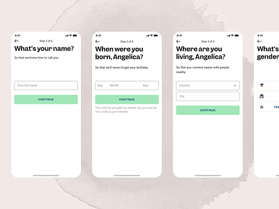 Register Flow birth date birthday country form design ios app login login screen minimal app design minimal ui mobile app mobile ui mobile uiux mobile ux new member onboarding personal data personal information register register form register page