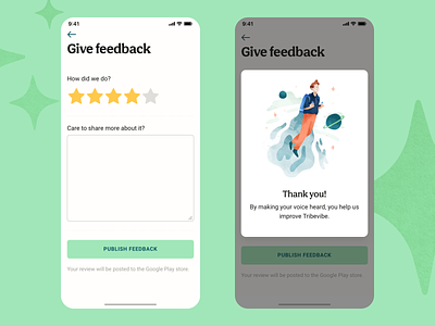 Leave a Feedback confirmation window feedback green illustration mobile app mobile ui mobile ux modal window organic rating reference review send feedback share share button star rating stars travel app ux research watercolor illustration