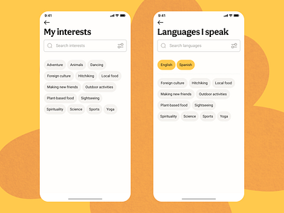 Interests and Languages account account screen app editing filters find finder interests iphone app languages mobile app mobile ui mobile ux profile profile screen search search results tags ui design ux design