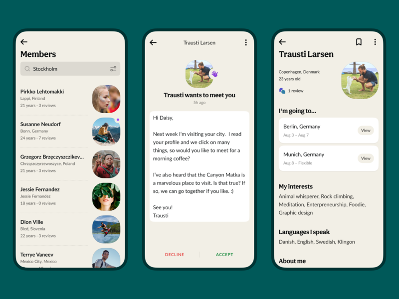 Tribevibe mobile app screens backpacker beige casual colorful community digital nomad eco ecology friendship green hospitality landing meetup mindful sustainable traveling trips ui ux website