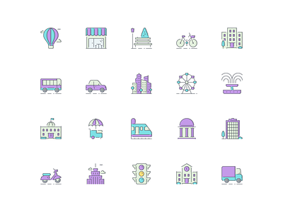 LineQueen – City collection airbaloon bar bench bicycle building bus car city city icons cityscape colorful icons ferris flat icons fountain icon set iconography icons icons library line icons vector