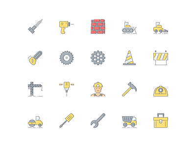 LineQueen – Construction collection bolt borer brick wall bulldozer catepillar chainsaw cog chain cog mechanical colorful icons construction construction cone construction sign flat icons icon icon set iconography icons icons collection icons library line icons