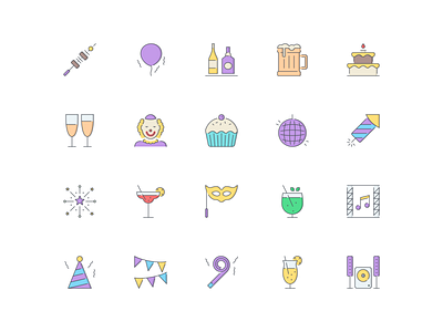 LineQueen – Party collection appetizer balloon bar beer cake champagne glasses clown colorful icons cupcake discoball firework flat icons icon set iconography icons icons collection icons library line icons margarita party