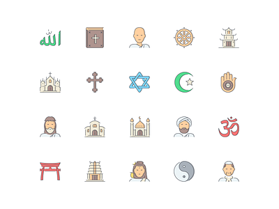 LineQueen – Religion collection allah symbol bible buddhist monk buddhist symbol buddhist temple cathedral colorful icons cross symbol david star symbol flat icons icon set iconography icons icons collection icons library islam symbol jain symbol jesus line icons religion