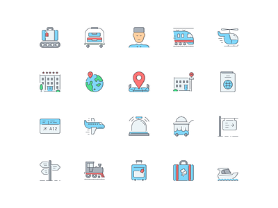 LineQueen – Travel collection baggage claim bellhop colorful icons concierge electric train flat icons helicopter hotel icon set iconography icons icons collection icons library line icons location globe location map motel passport plane ticket travel