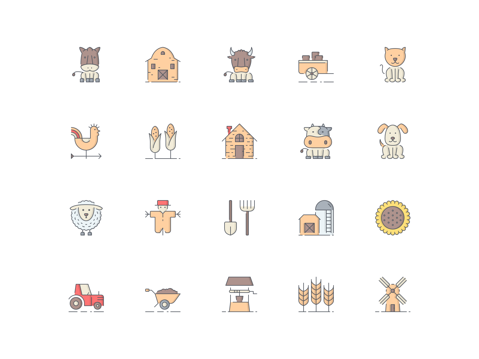 LineQueen - Village collection ass barn bull carriage cart cat cock wind colorful icons corn cottage cow dog flat icons icon set iconography icons icons collection icons library lamb line icons village