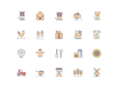 LineQueen – Village collection ass barn bull carriage cart cat cock wind colorful icons corn cottage cow dog flat icons icon set iconography icons icons collection icons library lamb line icons village