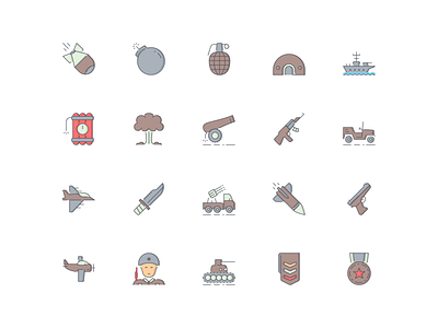 LineQueen – War collection atomic bomb bomb bunker carrier colorful icons dynamite explosion field gun flat icons gun icon set iconography icons icons collection icons library jeep jet fighter knife line icons war