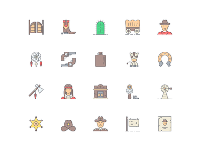 LineQueen – Wild West collection bar boot cactus carriage colorful icons cowboy dreamcatchet duel flask flat icons horse horseshoe icon set iconography icons icons collection icons library indian axe line icons wild west