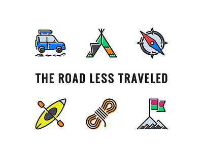 The Road Less Traveled compass expedition flat icons journey line icons mountain rope stroke icons survival tent travel vector icons