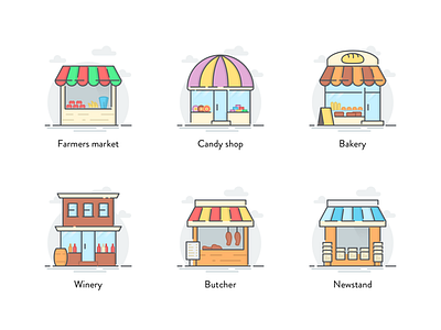 Storefront Icons bakery butcher candy shop farmers market flat icons illustrations marketplace newsstand shop storefront winery