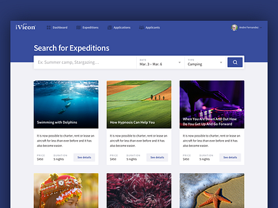 Search Expeditions application cards courses education expeditions listing search web app website