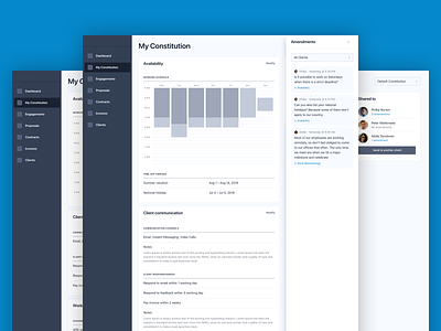 Work constitution availability client experience clients collaboration contract engagements feedback freelancers invoices leads management system polls progress tracking proposals remote remote work web app web application design website work