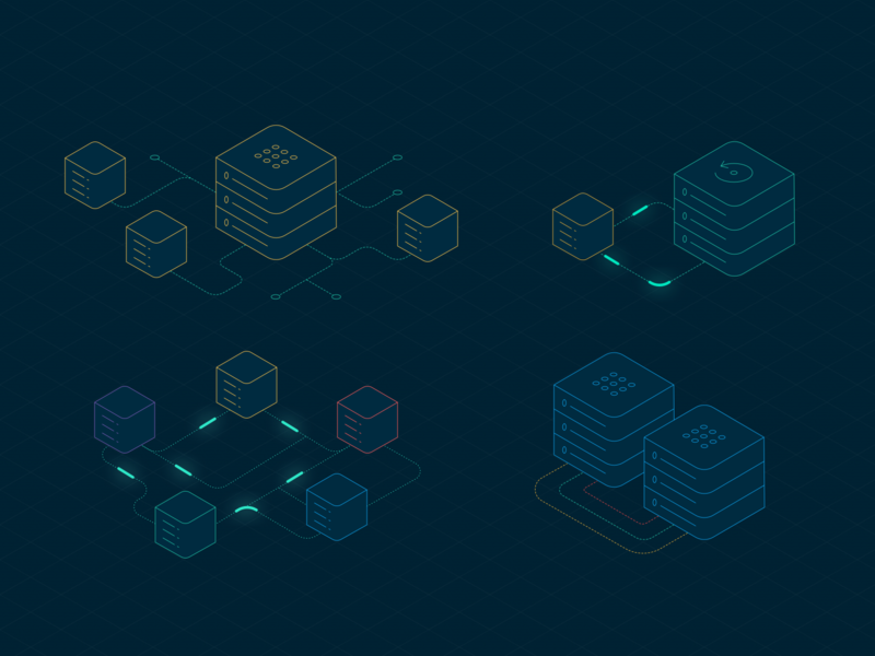 Isometric line illustrations for Rownet cloud storage connection data data storage data visualization database icons illustrations network networking server services storage