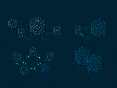 Isometric line illustrations for Rownet cloud storage connection data data storage data visualization database icons illustrations network networking server services storage