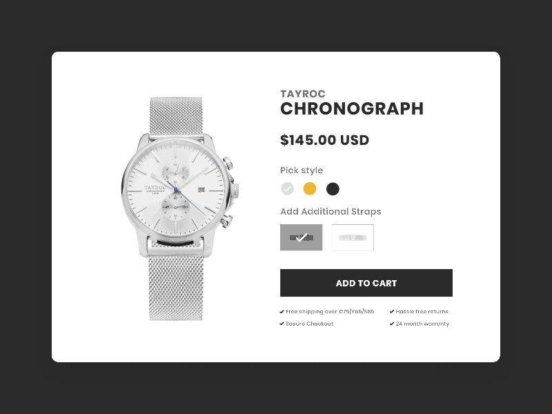 Daily UI #033 / Customize Product 33 add to cart black challenge custom customize customize product daily 100 daily 100 challenge daily ui design gif gold shopping silver typography ui ux watch watch design