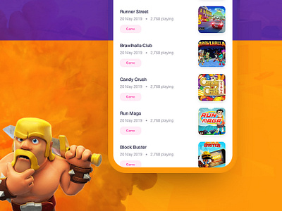 Mobile Game Discover App UI android app app character clashofclans creative game game design gameapp gameofthrones graphic design htmlgame ios iosapp mobilegame orange ui uidesign ux vector white